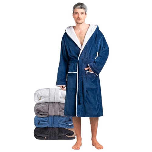 Twinzen Königsblau Bademantel Herren - Velour Frottee Baumwollsamt Morgenmantel Extra weich OekoTex Größe M von Twinzen