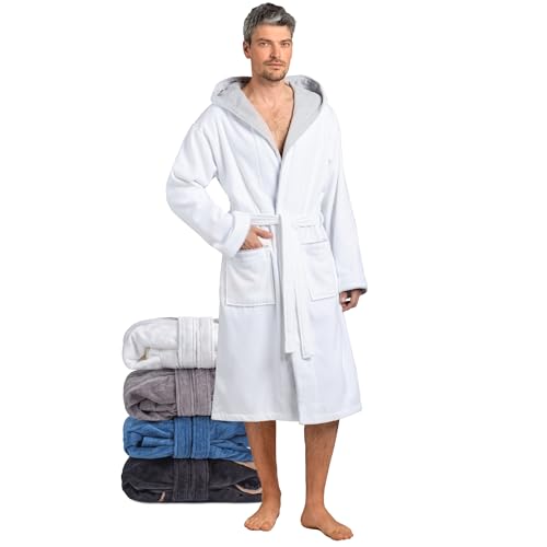 Twinzen Bademantel Herren Frottee Velour Weiß - Baumwollsamt - Morgenmantel Extra weich Größe XL von Twinzen