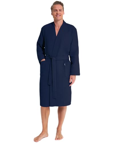 Twinzen Bademantel Herren Waffelpique – 100% Baumwolle – Leicht und Weich Bademantel Baumwolle - Dunkelblau - XXL von Twinzen
