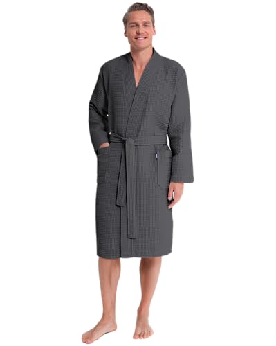 Twinzen Bademantel Herren Waffelpique – 100% Baumwolle – Leicht und Weich Bademantel Baumwolle - Dunkelgrau - XXL von Twinzen