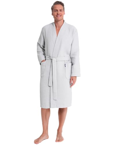 Twinzen Bademantel Herren Waffelpique – 100% Baumwolle – Leicht und Weich Bademantel Baumwolle - Grau - XL von Twinzen