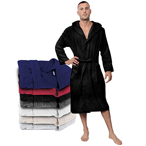 Twinzen Bademantel Herren - XXL - Schwarz - 100% Baumwolle (350g/m²) OEKO-TEX® Zertifiziert - Bademantel mit Kapuze, 2 Taschen, Gürtel von Twinzen