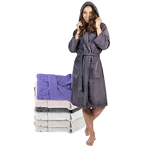 Bademantel Damen - 100% Baumwolle (350g/m²) OEKO-TEX® Zertifiziert - Morgenmantel Damen mit Kapuze, 2 Taschen, Gürtel - DarkGrau - XL von Twinzen