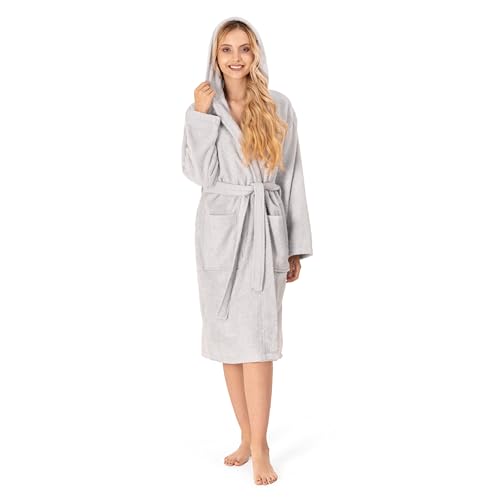 Bademantel Damen - 100% Baumwolle (350g/m²) OEKO-TEX® Zertifiziert - Morgenmantel Damen mit Kapuze, 2 Taschen, Gürtel - Grau - M von Twinzen