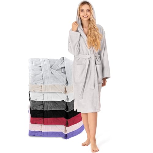 Bademantel Damen - 100% Baumwolle (350g/m²) OEKO-TEX® Zertifiziert - Morgenmantel Damen mit Kapuze, 2 Taschen, Gürtel - Grau - XL von Twinzen