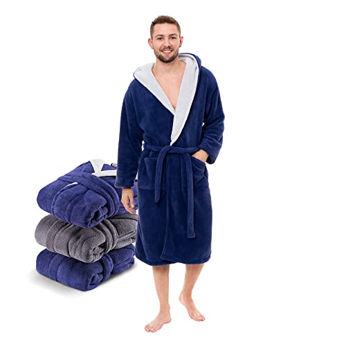 Twinzen - Morgenmantel Herren Kuschelfleece und Flauschig mit Kapuze (L, Dunkelblau und Grau) - OEKO-TEX® - Mikrofaser(100% Polyester) von Twinzen