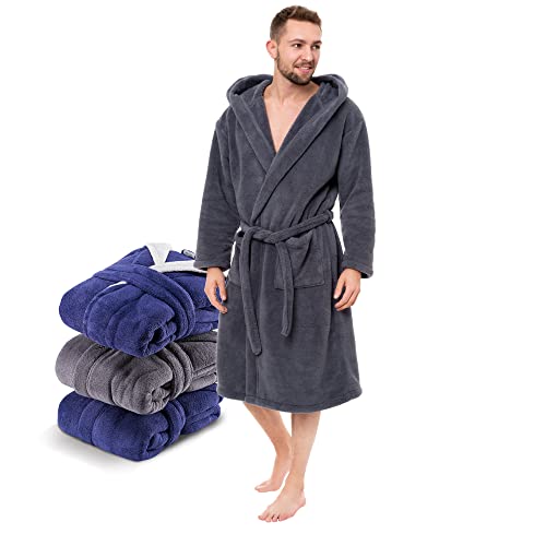 Twinzen - Morgenmantel Herren Kuschelfleece und Flauschig mit Kapuze (M, Dunkelgrau) - Oeko-TEX® - Mikrofaser(100% Polyester) von Twinzen