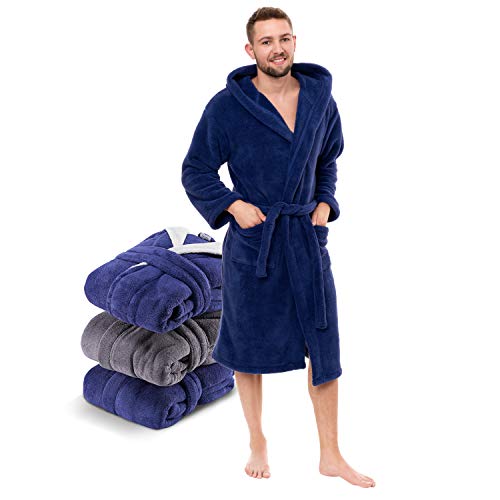 Twinzen - Morgenmantel Herren Kuschelfleece und Flauschig mit Kapuze (S, Dunkelblau) - OEKO-TEX® - Mikrofaser(100% Polyester) von Twinzen