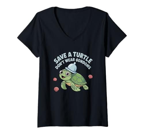 Damen Lustiges Meme-Design Save a Turtle Don't Wear Kondome T-Shirt mit V-Ausschnitt Damen Lustiges Meme-Design Save a Turtle Don't Wear Kondome T-Shirt mit V-Ausschnitt von Twisted Shell Co