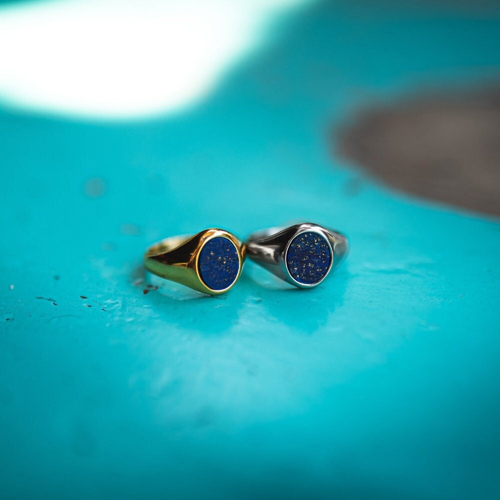 Herrenring Pinky Ring Goldring - Silber Siegelring Herren 18K Gold Goldringe Für Männer Blauer Lapis Lazuli Von Twistedpendant von Twistedpendant
