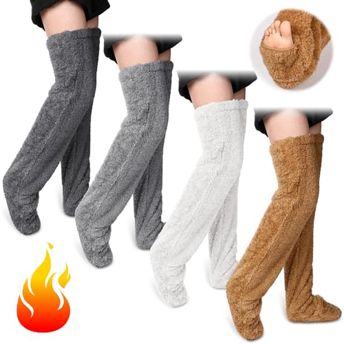 Twistover 4 Paar gemütliche Overknee-Socken, flauschige Socken, pelzige Beinstulpen, flauschige hohe Socken, Winter, Plüsch, Hausschuhstrümpfe für Damen, Helle Farbe/Khaki, Hellgrau, Dunkelgrau, Weiß, von Twistover