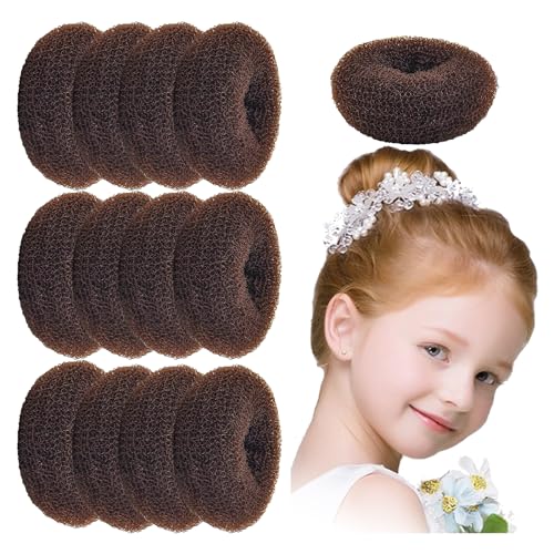 12 Stück kleine Dutt-Donuts für Kinder, Mädchen, Damen, Dutt, Dutt, 12 mittelgroße Donuts für kurzes und dünnes Haar (Größe M, 8,9 cm, braun) von TwistyTieLB