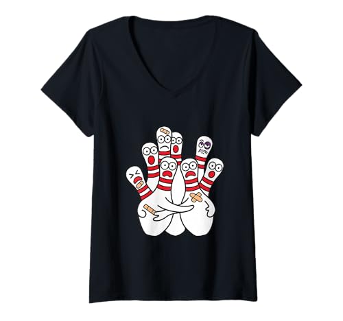 Damen Bowling Kegel Umarmungs Team Lustiger Unfall Cartoon T-Shirt mit V-Ausschnitt von Two Suns