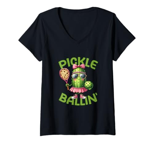Damen Lustiger Pickle Ballin T-Shirt mit V-Ausschnitt von Two Suns