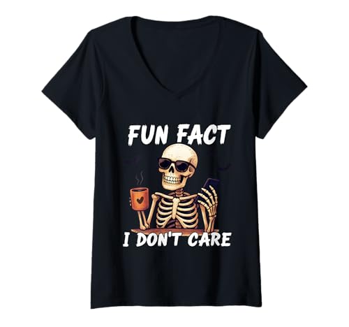 Damen Lustiger Skelett Kaffee Handy Meme Halloween Retro T-Shirt mit V-Ausschnitt von Two Suns