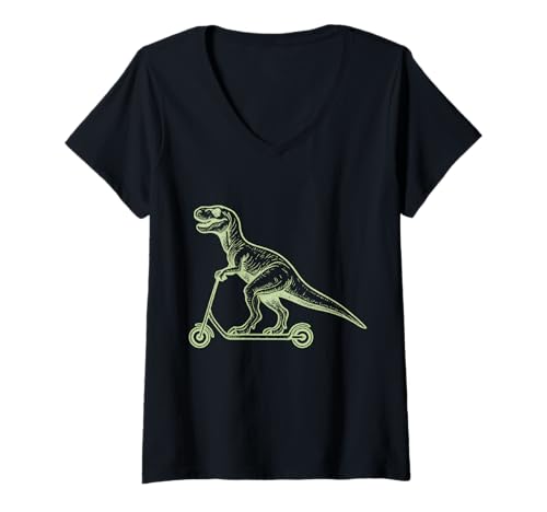 Damen Retro T Rex auf Roller Linienkunst Pastellgrün Dinosaurier T-Shirt mit V-Ausschnitt von Two Suns