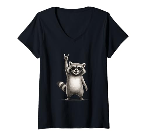 Damen Retro Waschbär Grunge Musik Geschenk Männer Kinder Frauen Lustiger Waschbär T-Shirt mit V-Ausschnitt von Two Suns