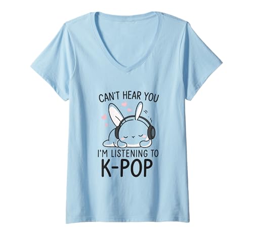 Damen Süßer Hase mit Kopfhörern K-Pop Listening Mode T-Shirt mit V-Ausschnitt von Two Suns