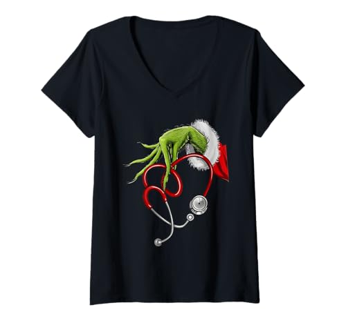 Damen Weihnachten Krankenschwester Stethoskop Hand Humor T-Shirt mit V-Ausschnitt von Two Suns