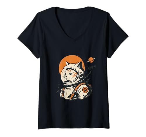 Damen Weltraum Katze Astronaut Retro Look T-Shirt mit V-Ausschnitt von Two Suns