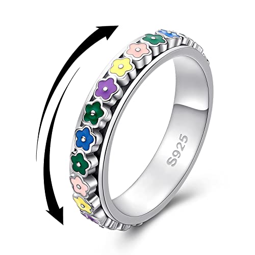 Blume Anxiety Spinner Ring 925 Sterling Silber Blume Fidget Ring für Angst Anti Stress Sorge Entlastung Langeweile ADHS Autismus Schmuck Geschenke für Frauen Teens Mädchen (18) von TwoAnts