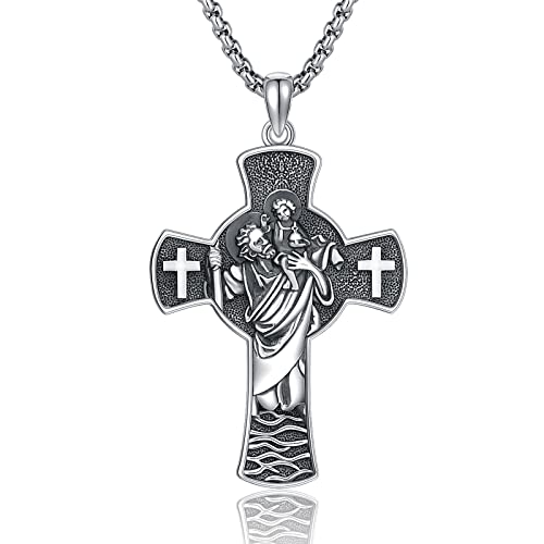 TwoAnts Heiliger Christophorus Kette 925 Sterling Silber Kreuz Medaille Amulett Anhänger Halskette Christliche Geschenke Schmuck für Herren Damen von TwoAnts