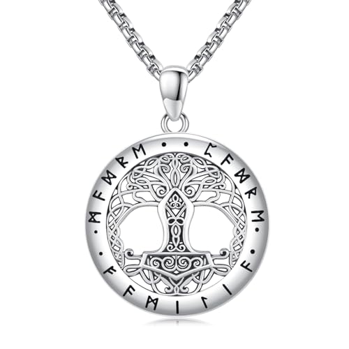 TwoAnts Lebensbaum Kette für Herren 925er Sterling Silber Wikinger Thors Hammer Anhänger Halskette mit Keltischem Knoten Wikinger Schmuck Geschenk für Damen von TwoAnts
