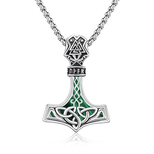 TwoAnts Thors Hammer Halskette für Herren 925 Sterling Silber Mjolnir Anhänger Halskette mit Malachit Nordische Wikinger Runen Amulett Halskette Wikinger Schmuck Geschenke für Damen von TwoAnts
