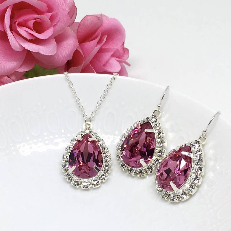 Rosa Schmuck-Set Valentinstag | Birnenförmige Halo-Halskette Mit Hintergrund Qualität Swarovski Massiv Sterlingsilber Sarine Rosa Schmuck-Set Valentinstag | Birnenförmige Halo-Halskette Mit Hintergrund Qualität Swarovski Massiv Sterlingsilber Sarine von TwoBeWedJewelry