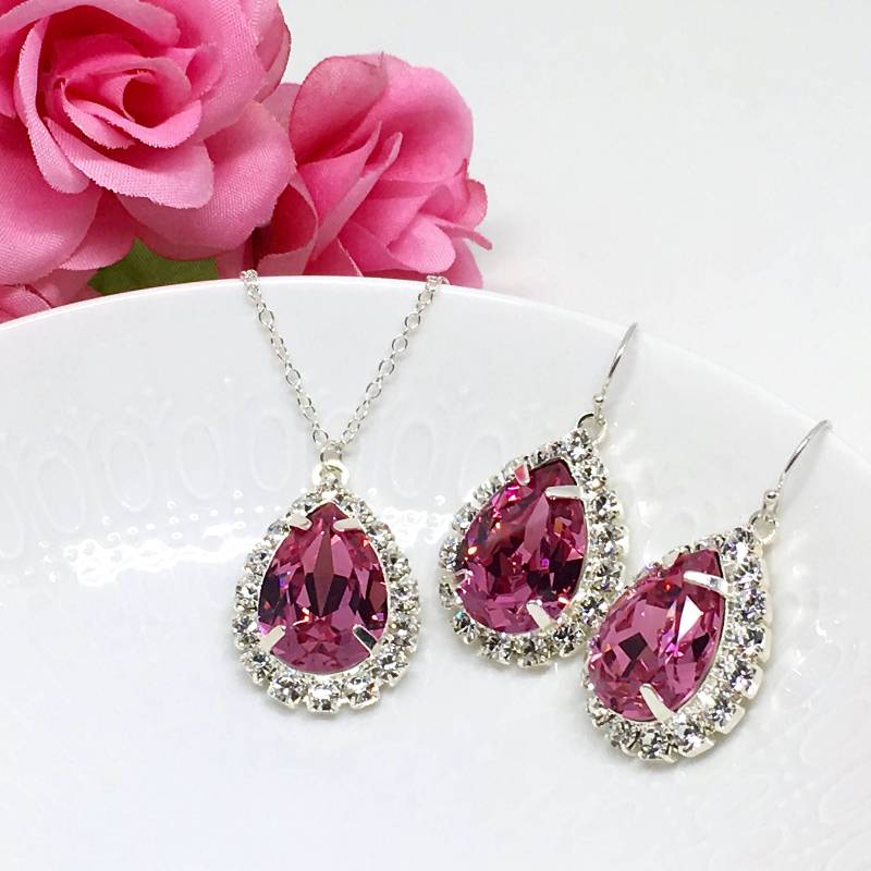 Rosa Statement Halskette Mit Hintergrund | Tropfenförmiger Heiligenschein Pink Schmuck Qualität Swarovski Kristall Sterling Silber Brautjungfer Rosa Statement Halskette Mit Hintergrund | Tropfenförmiger Heiligenschein Pink Schmuck Qualität Swarovski Kristall Sterling Silber Brautjungfer von TwoBeWedJewelry