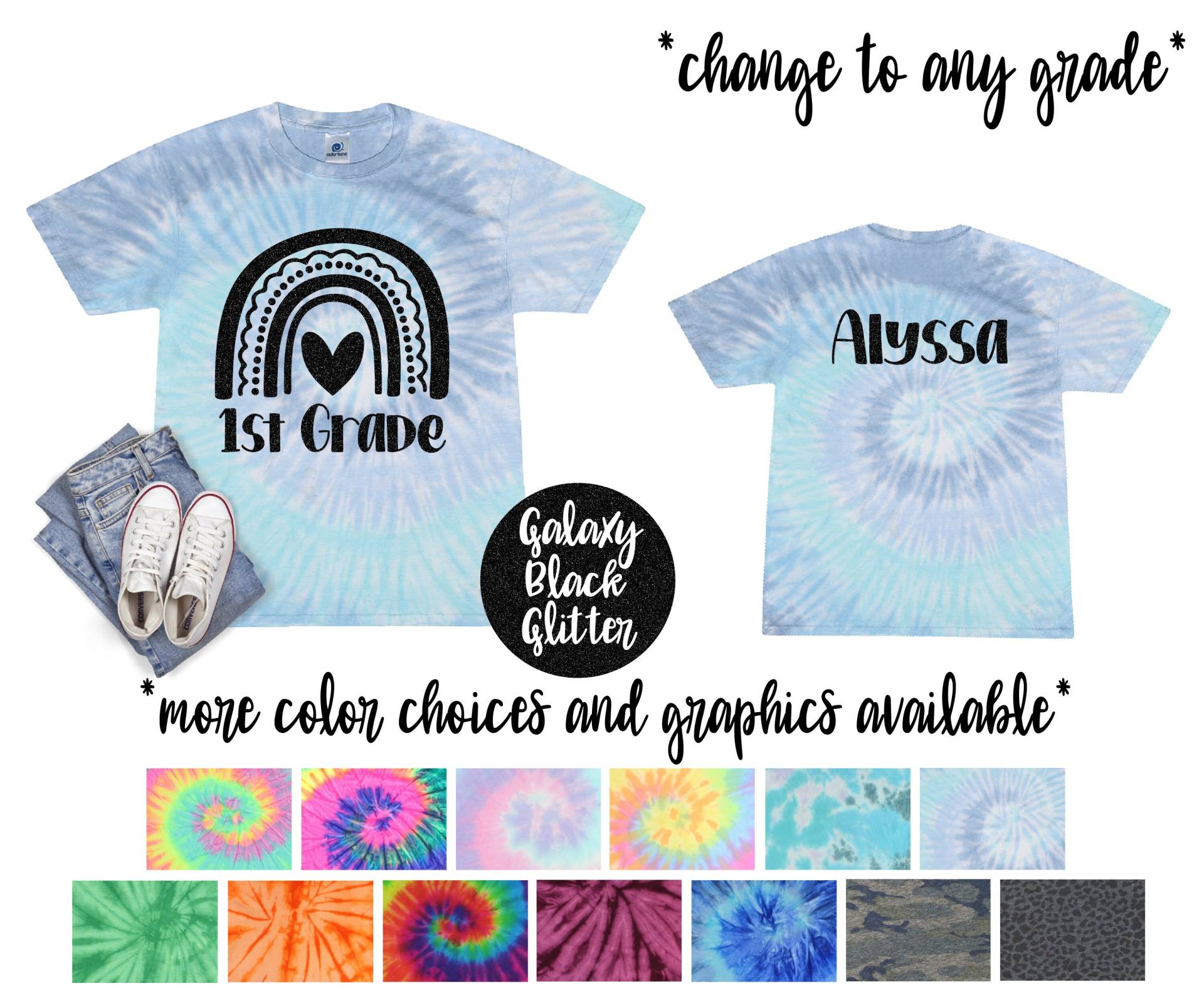 1.klasse Mädchen Personalisierte Pastel Minty Tie Dye Shirt Galaxie Heller Schwarzer Glitzer Vinyl Weißer Regenbogen Zurück Zu Schulshirt von TwoDreamsShop