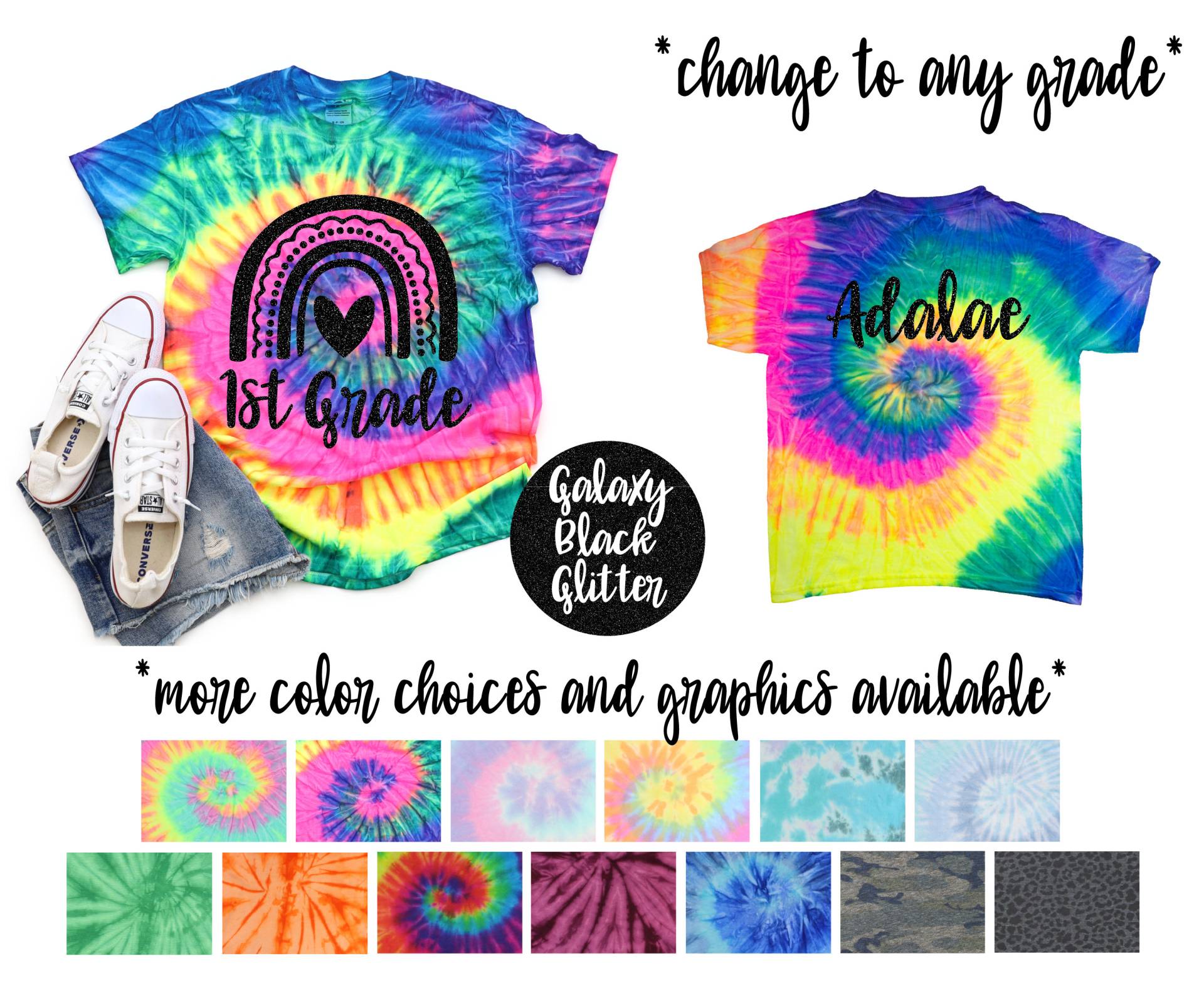 1.klasse Mädchen Personalisierte Pastell Neon Minty Tie Dye Shirt Galaxie Hell Schwarz Glitter Vinyl Weiß Regenbogen Zurück Zu Schul von TwoDreamsShop