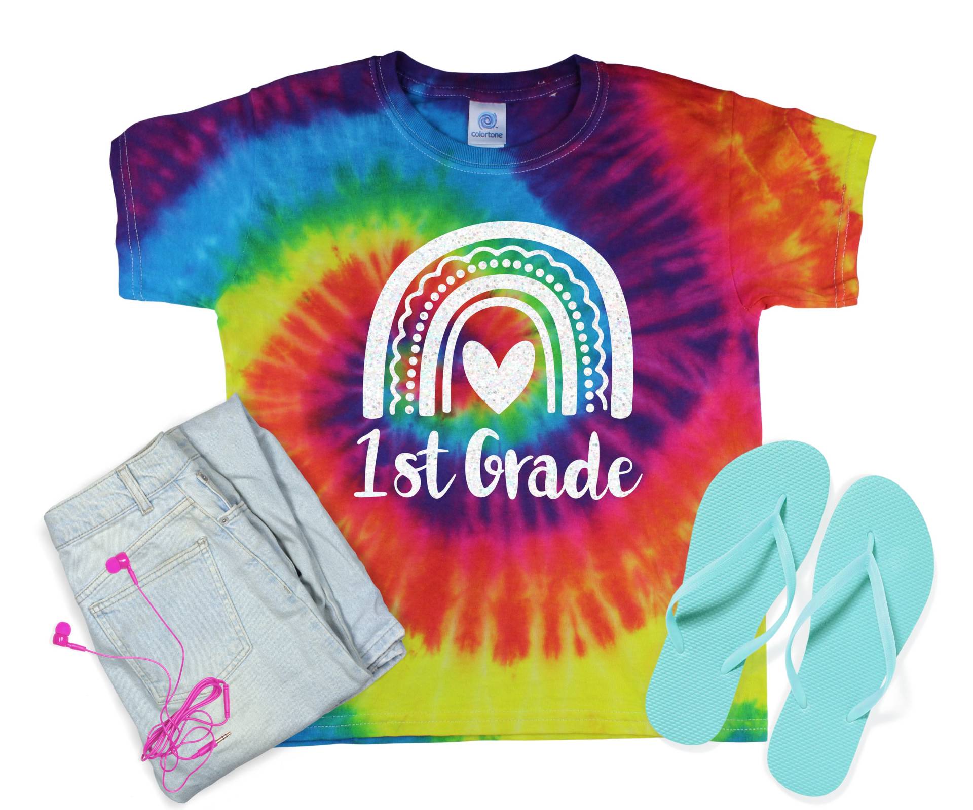 1st Grade Mädchen Schulanfang Pastell Minty Tie Dye Shirt Galaxie Hellschwarz Glitzer Vinyl Weiß Regenbogen Erster Schultag von TwoDreamsShop