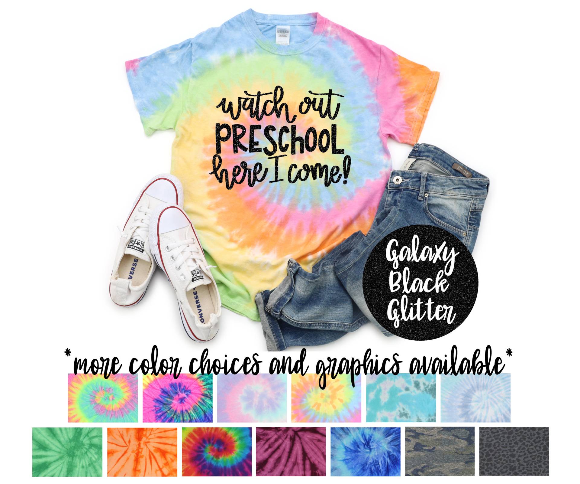 3.grad Mädchen Schulanfang Pastell Neon Tie Dye Shirt Galaxie Hellschwarz Glitzer Vinyl Regenbogen Erster Schultag von TwoDreamsShop