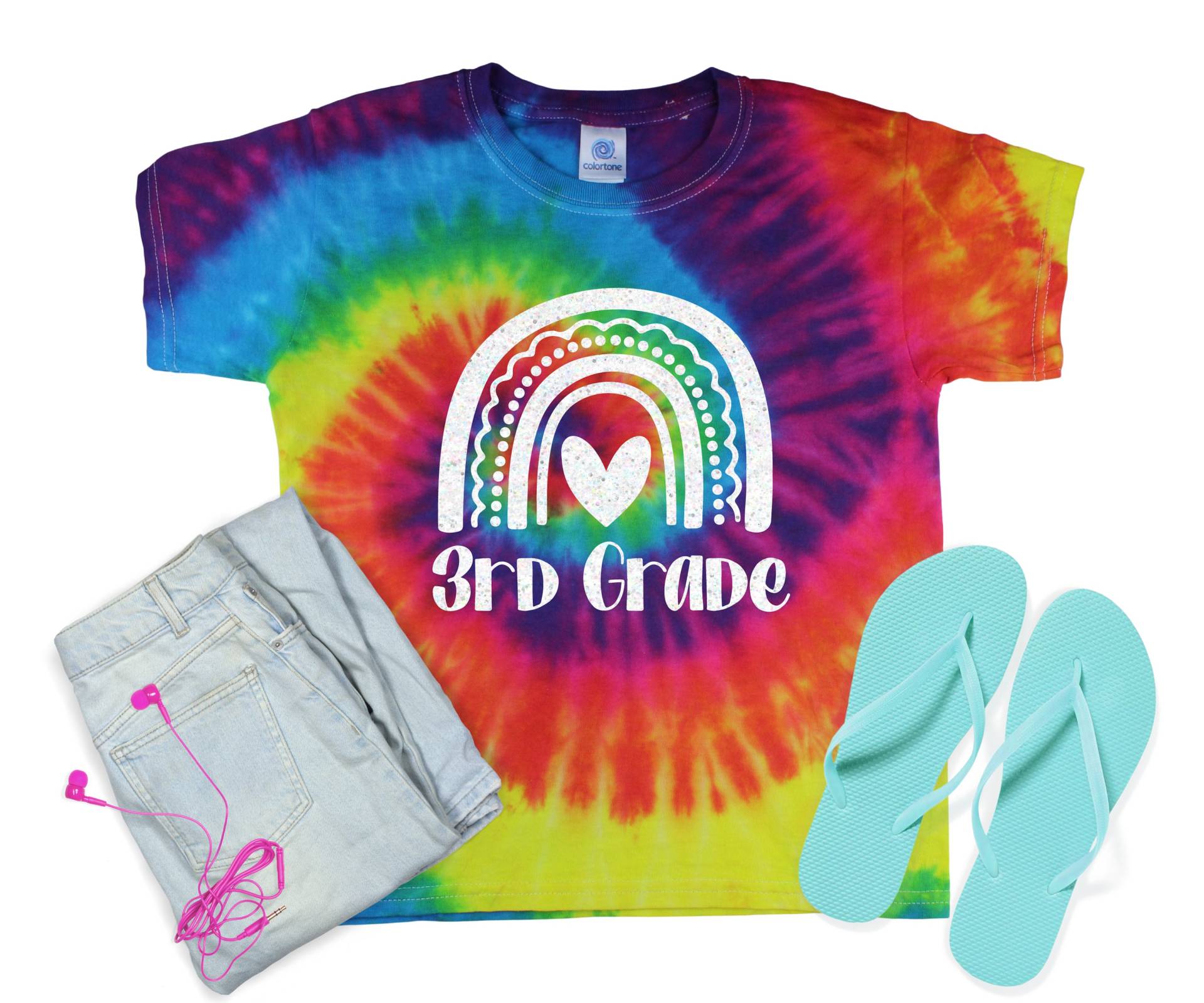 3.klasse Mädchen Schulanfang Pastell Minty Tie Dye Shirt Galaxie Hellschwarz Glitzer Vinyl Weiß Regenbogen Erster Schultag von TwoDreamsShop