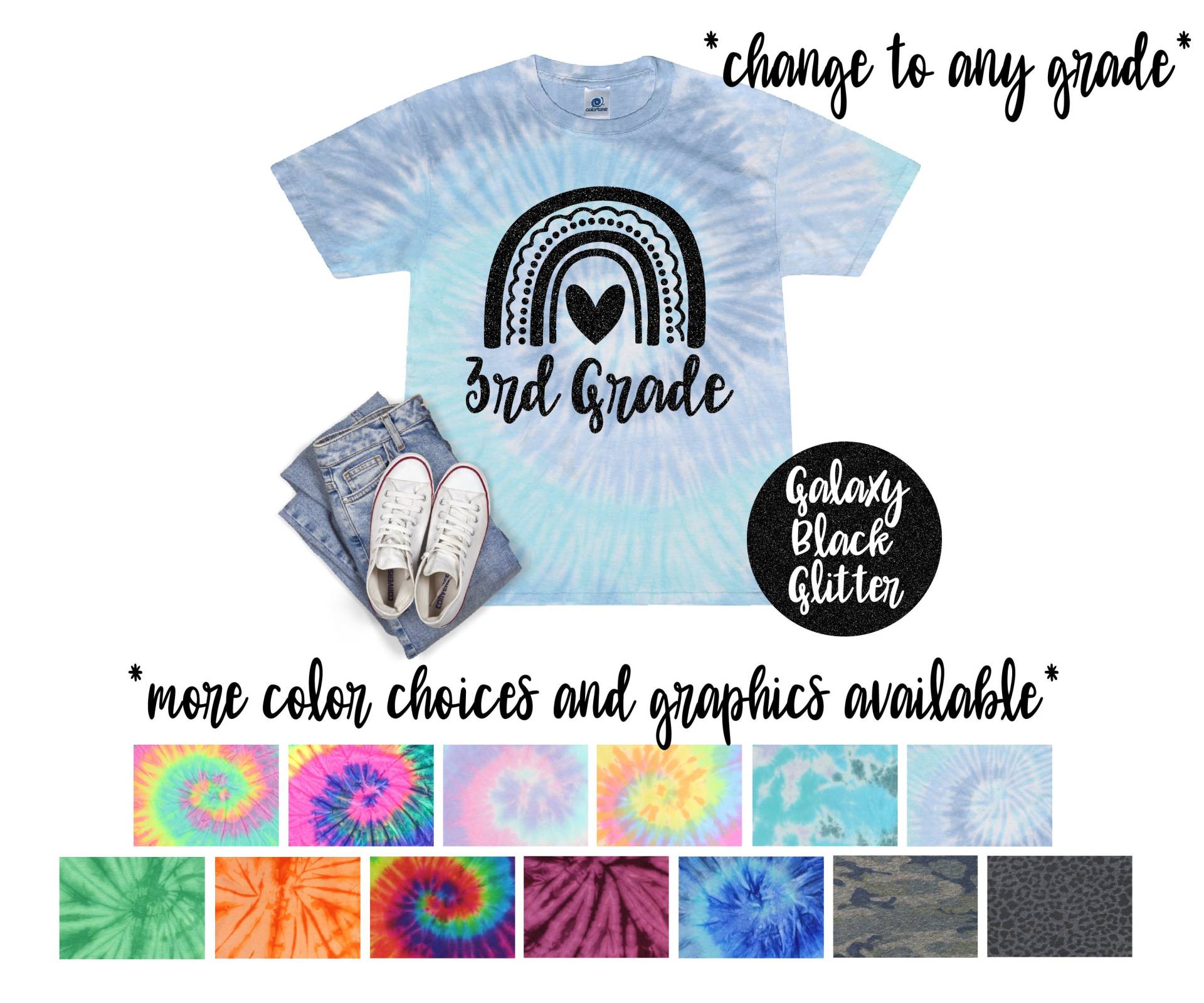 3rd Grade Girl Back To School Pastell Mint Tie Dye Shirt Galaxy Hell Schwarz Glitzer Vinyl Weißes Regenbogen Mädchen Erster Schultag von TwoDreamsShop