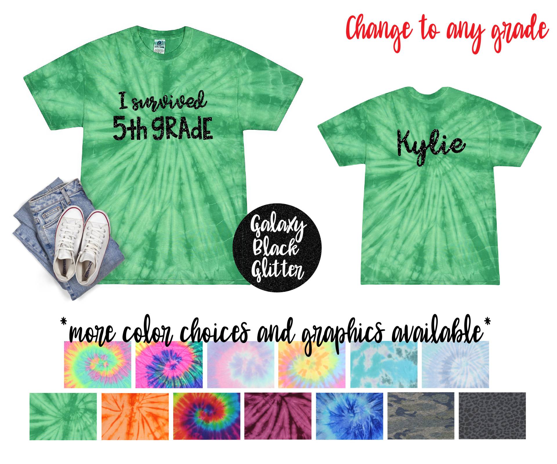 4. Klasse Mädchen Personalisierte Pastel Minty Tie Dye Shirt Galaxie Heller Schwarzer Glitzer Vinyl Weißer Regenbogen Zurück Zu Schulshirt von TwoDreamsShop