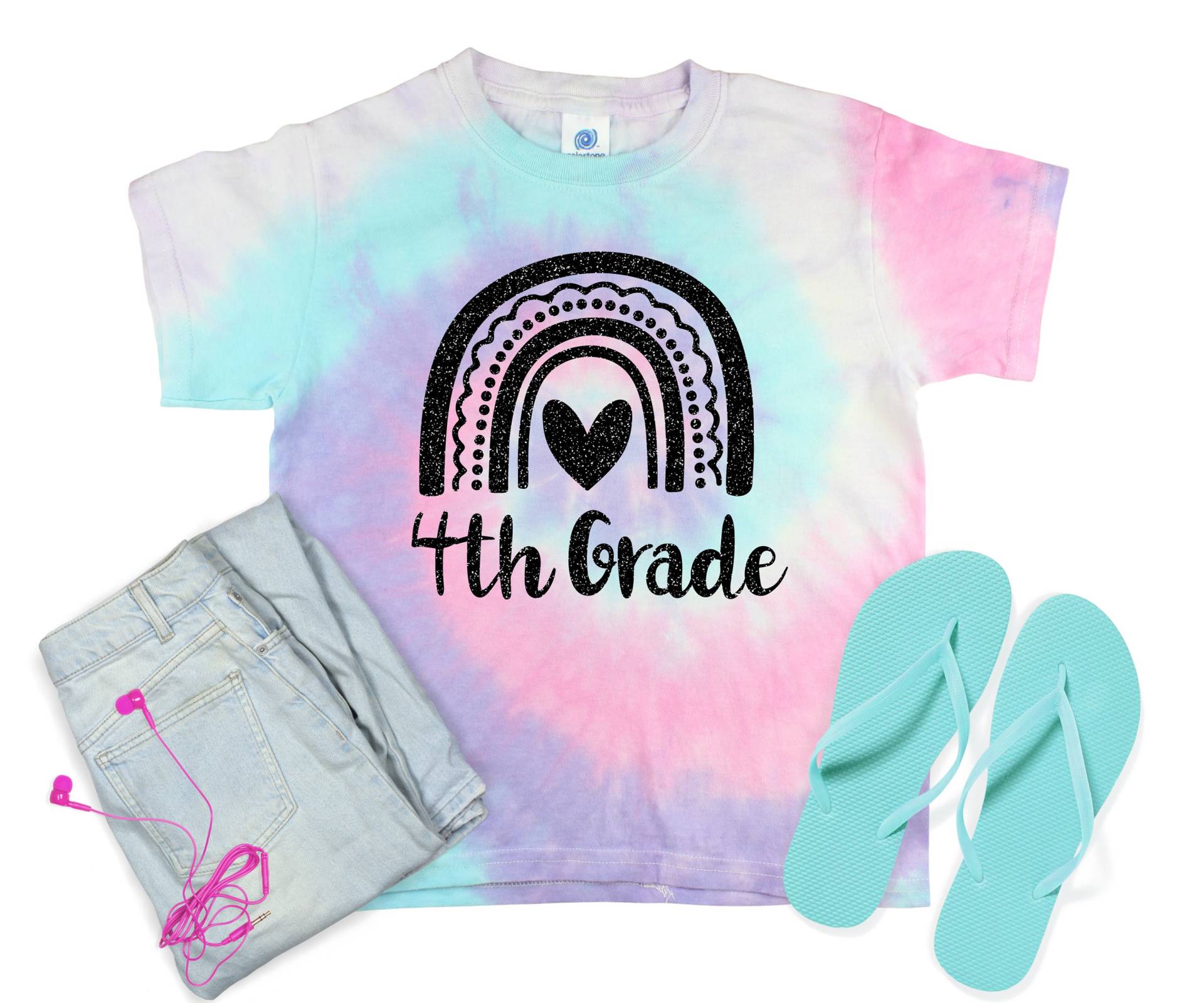 4. Klasse Mädchen Schulanfang Pastell Minty Tie Dye Shirt Galaxie Hellschwarz Glitzer Vinyl Weiß Regenbogen Erster Schultag von TwoDreamsShop