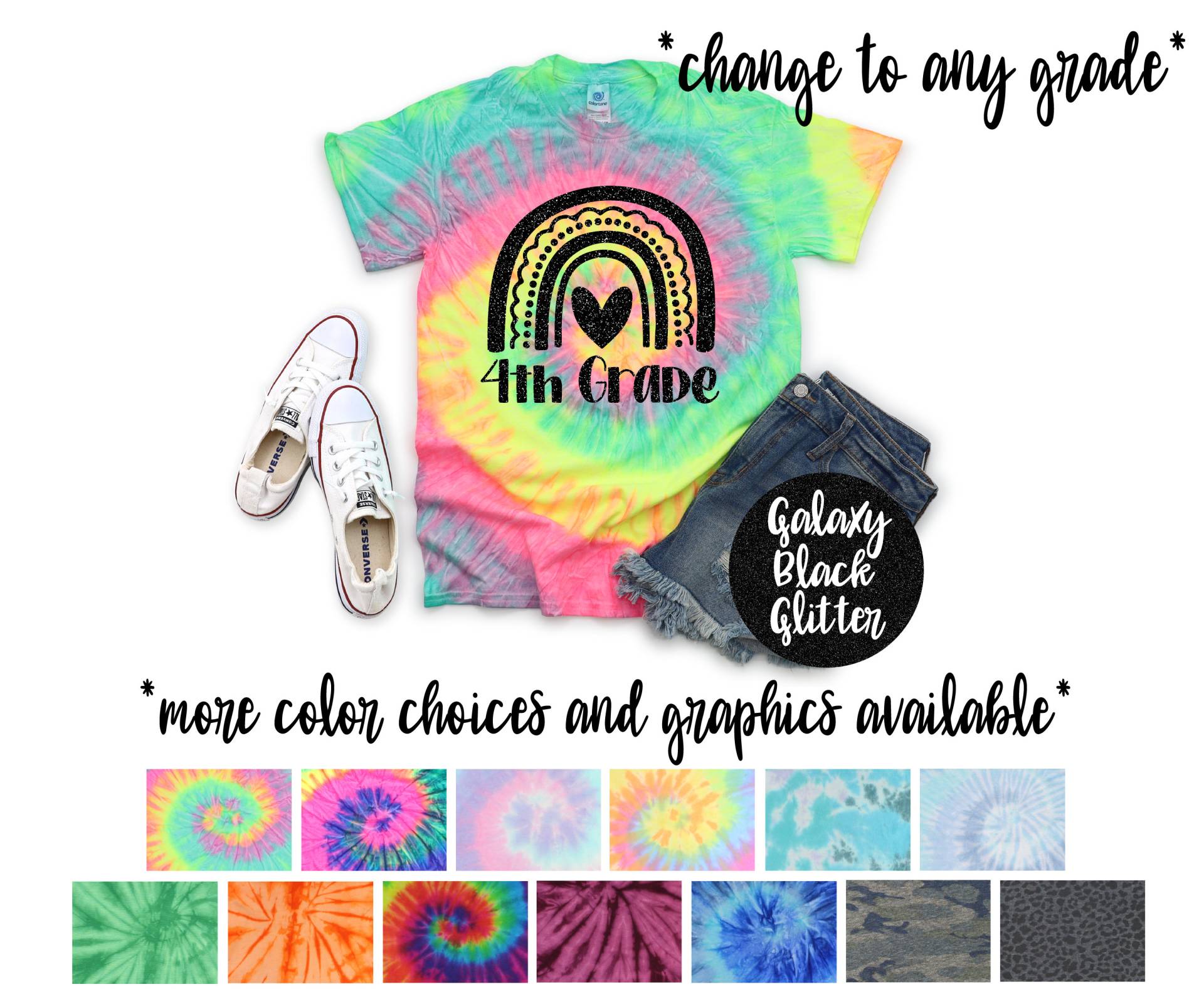 4. Klasse Mädchen Schulanfang Pastell Minty Tie Dye Shirt Galaxie Hellschwarz Glitzer Vinyl Weiß Regenbogen Erster Schultag von TwoDreamsShop