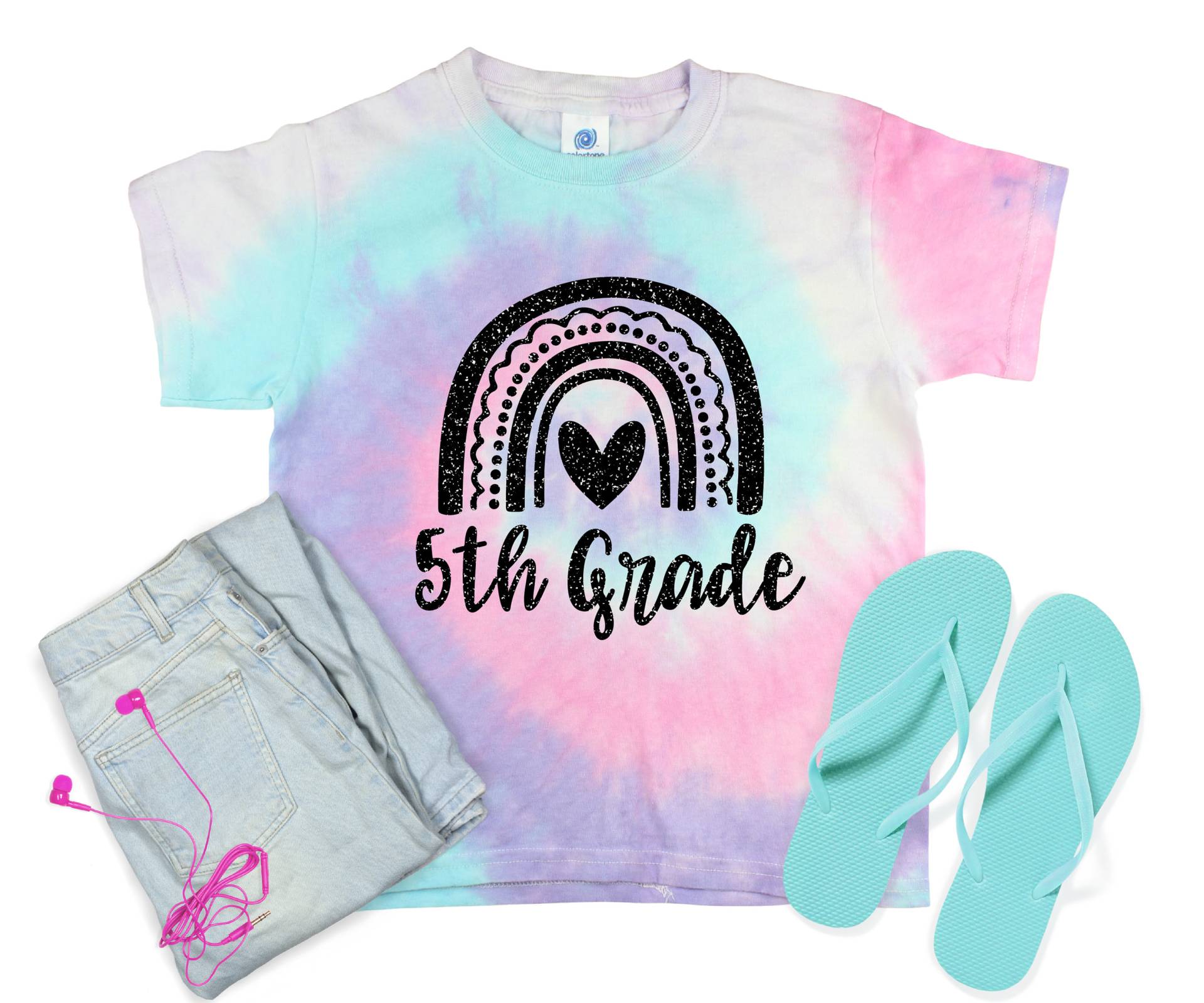 5. Klasse Mädchen Schulanfang Pastell Minty Tie Dye Shirt Galaxie Hellschwarz Glitzer Vinyl Weiß Regenbogen Erster Schultag von TwoDreamsShop