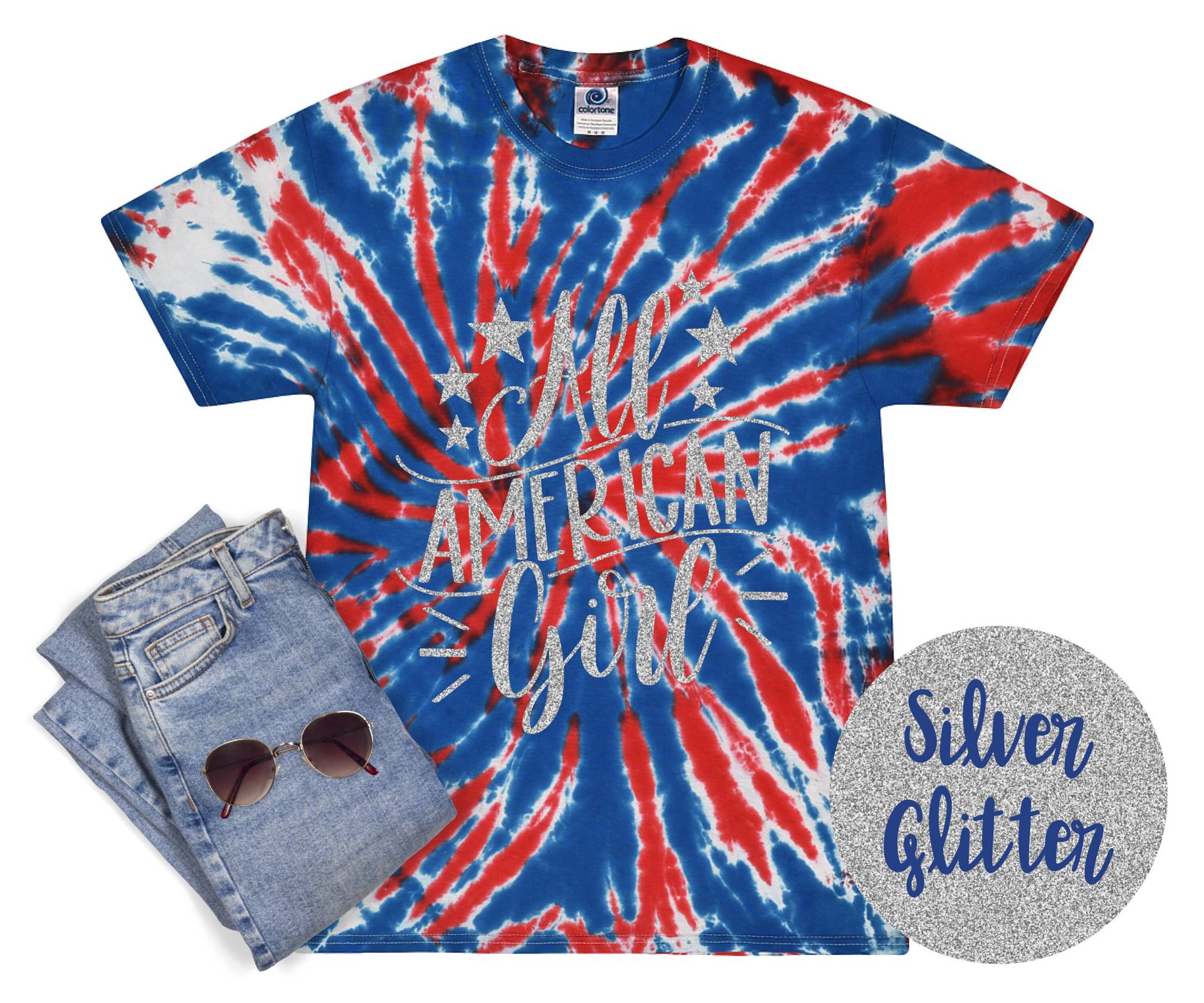 All American Girl 4. Juli Tie Dye Shirt Rot Weiß Blau Unabhängigkeitstag Feuerwerk Fourth Of T-Shirt Patriotic Party von TwoDreamsShop