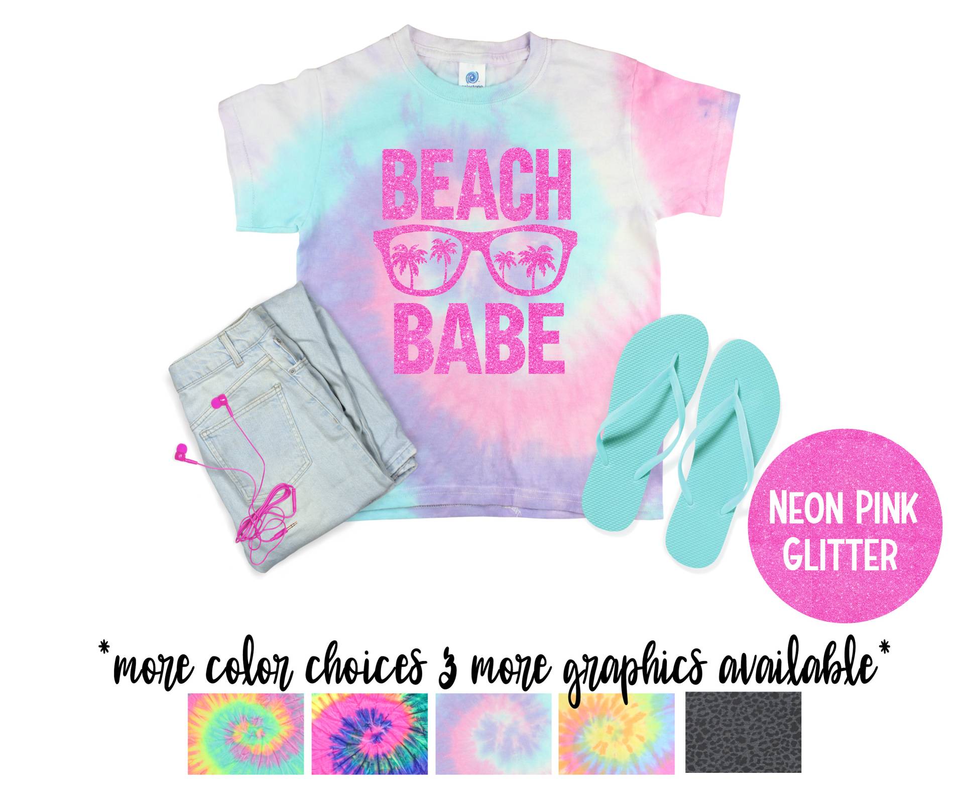 Beach Babe Batik Shirt Sommer Urlaub Strand Mädchen Weiß Regenbogen Glitzer Vinyl Neon Pastell Tie Dye Jugend Erwachsene Größen von TwoDreamsShop