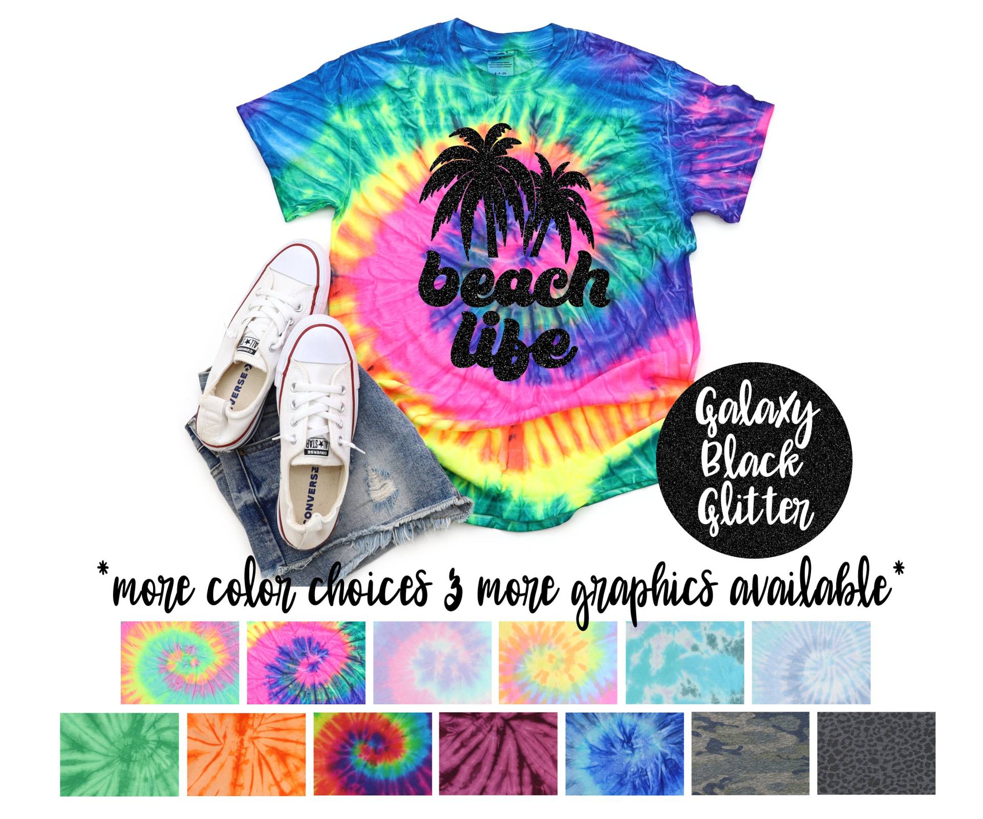 Beach Life Batik Shirt Sommer Urlaub Strand Mädchen Schwarz Galaxy Glitter Vinyl Neon Pastell Hell Road Trip von TwoDreamsShop