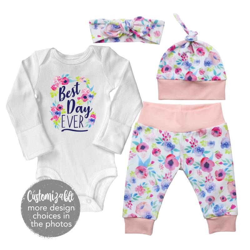 Bester Tag Überhaupt Mädchen Nach Hause Kommen Set Strampelanzug Säugling Outfit Aquarell Blumen Yoga Leggings Top Knoten Hut Stirnband von TwoDreamsShop