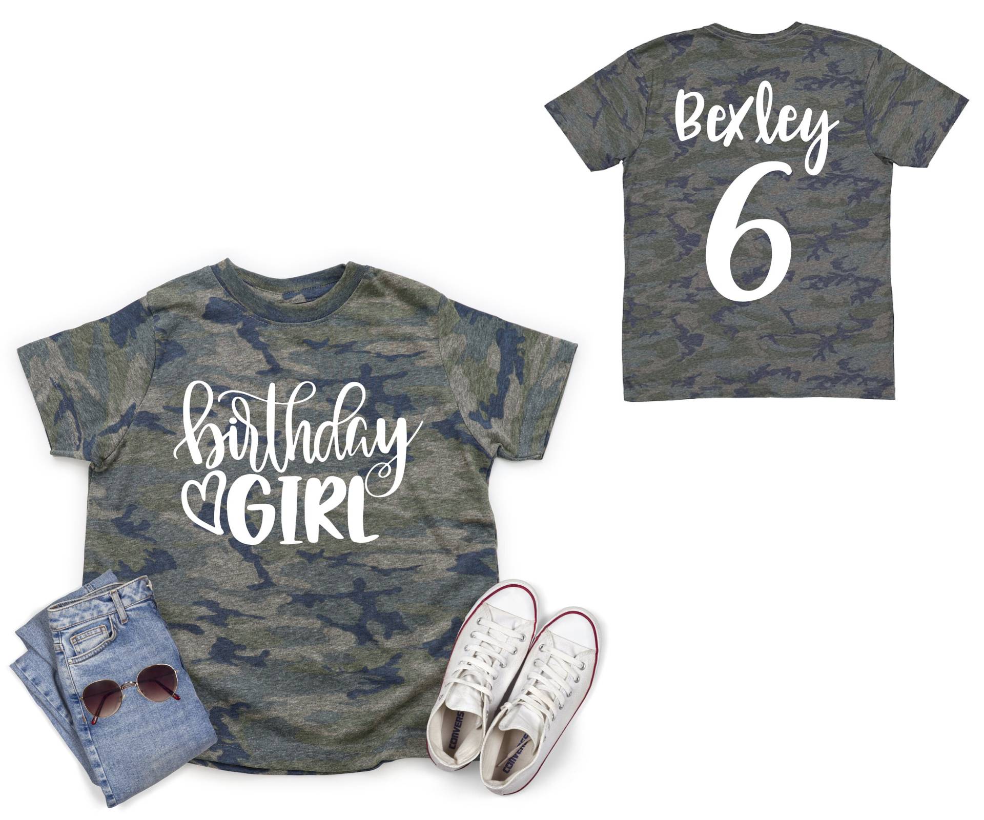 Birthday Girl Camo Shirt Geburtstagsparty Geburtstagsmädchen Solid Weiß Vinyl Mädchen Party Camouflage Top T-Shirt von TwoDreamsShop