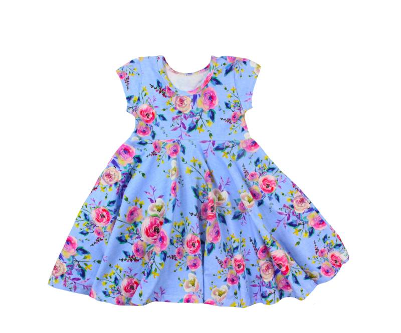 Blau Sommer Twirly Kleid Aquarell Blumen Frühling Ostern Kleinkind Mädchenkleid Rosa Gelb Kurzarm Strickkleid von TwoDreamsShop