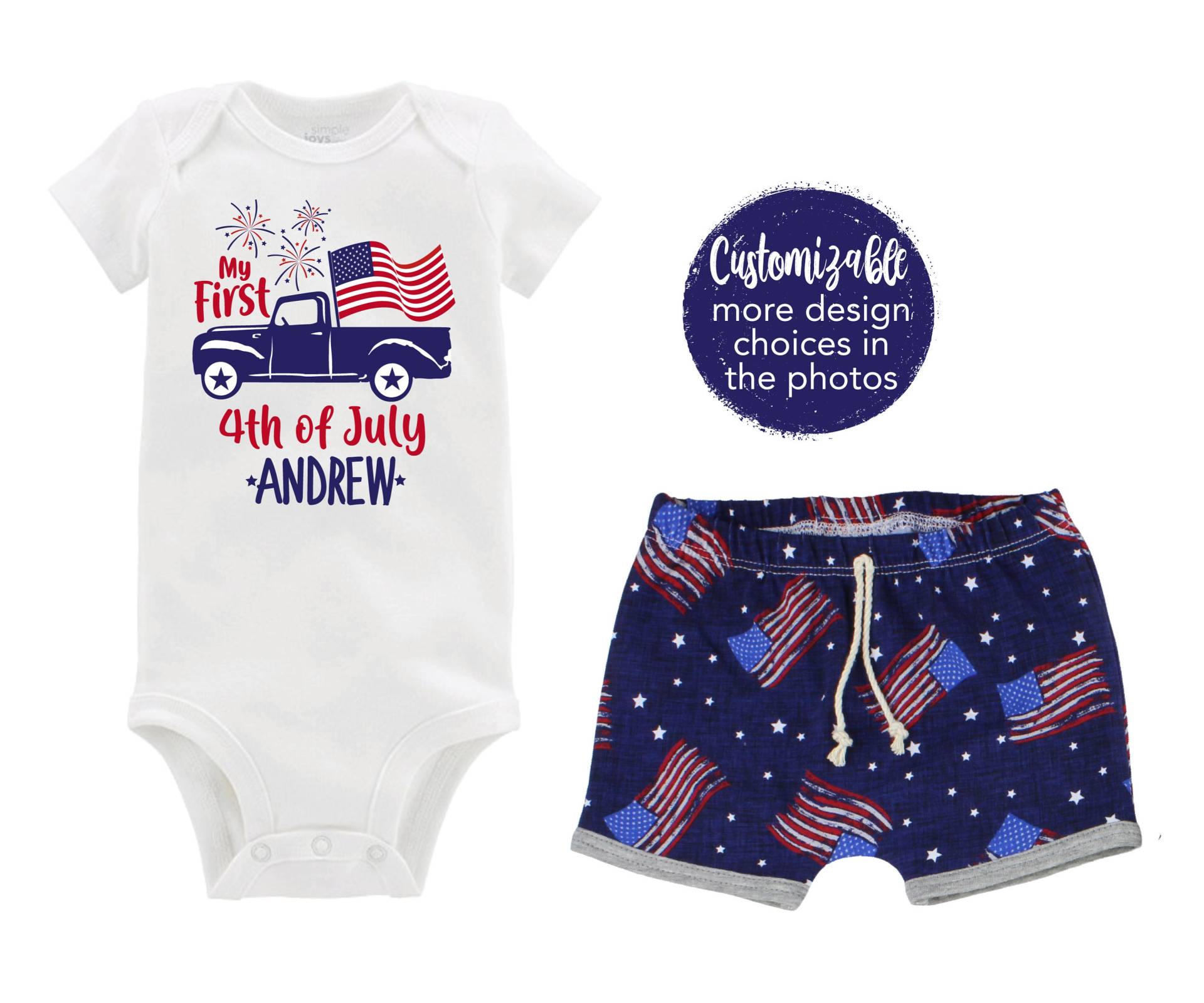 Boy My First Fourth Of Juli Outfit Personalisierte Baby Body Sommer 4. Shirt Bodysuit Blue Truck Unisex Shorts von TwoDreamsShop