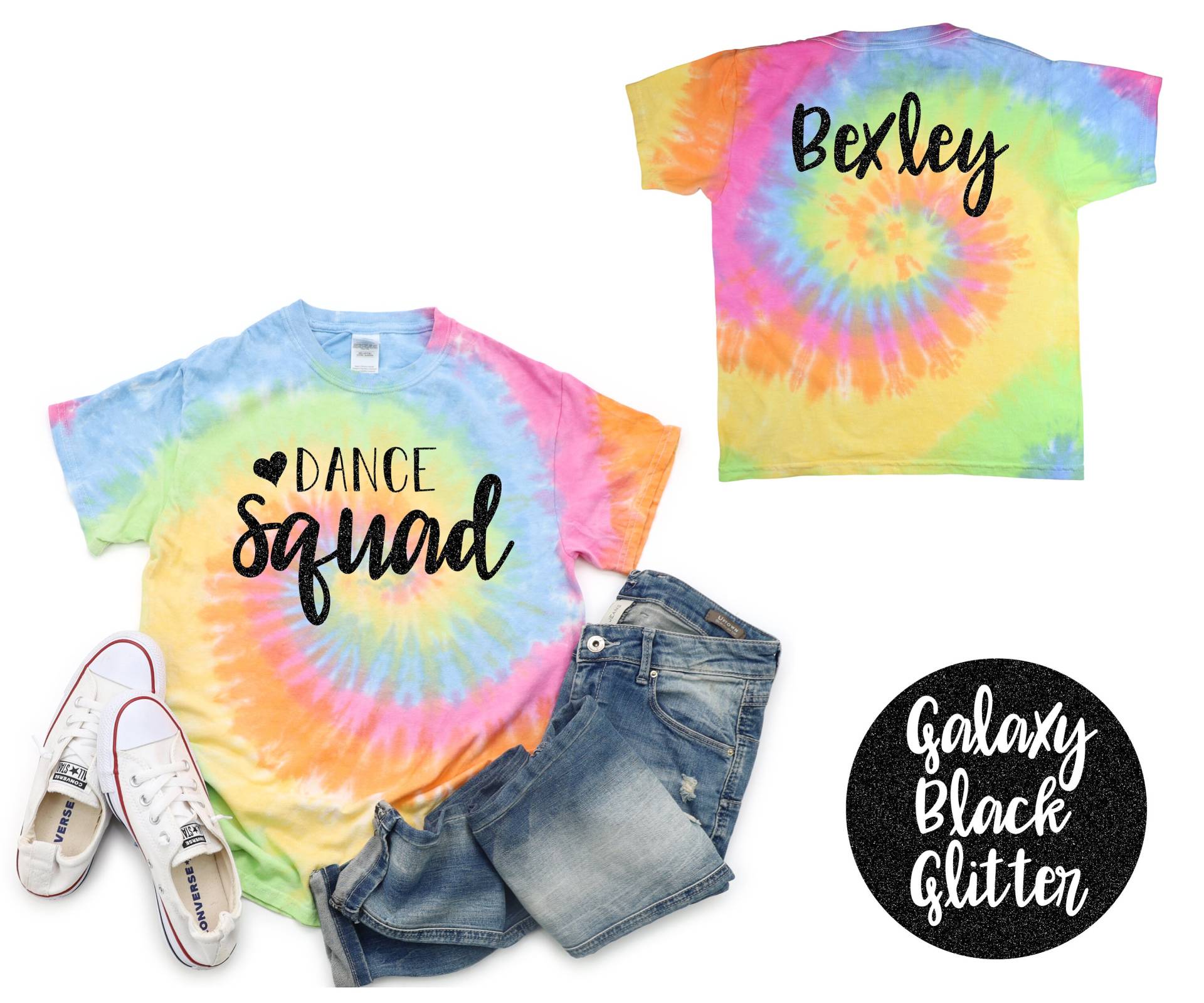 Dance Squad Tie Dye Shirt Team Schwarz Glitzer Vinyl Geburtstag Mädchen Geburtstagsparty Tween von TwoDreamsShop