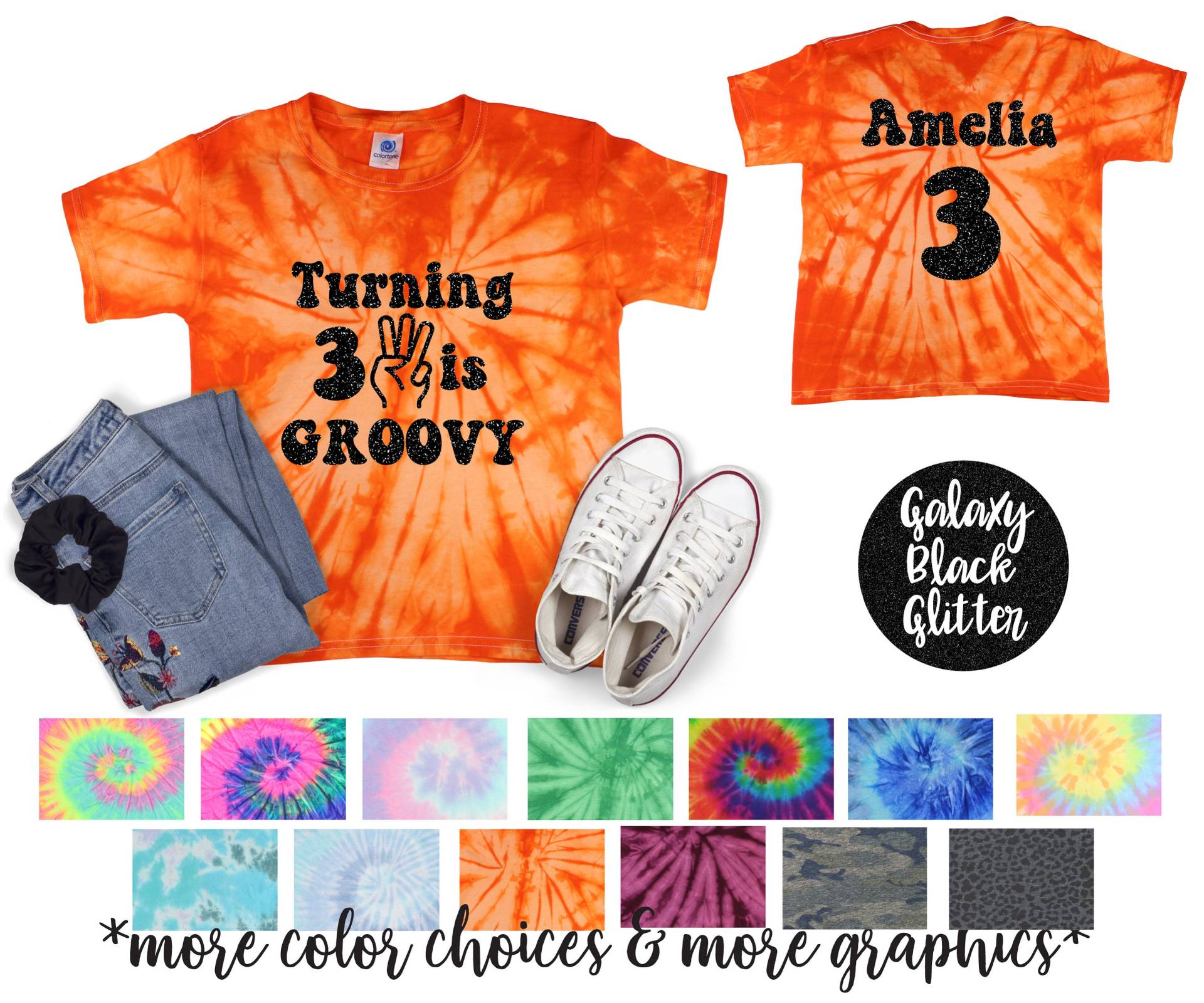 Drehen 3 Ist Groovy Mädchen Geburtstag Batik Shirt Schwarz Glitzer Vinyl Kleinkind von TwoDreamsShop