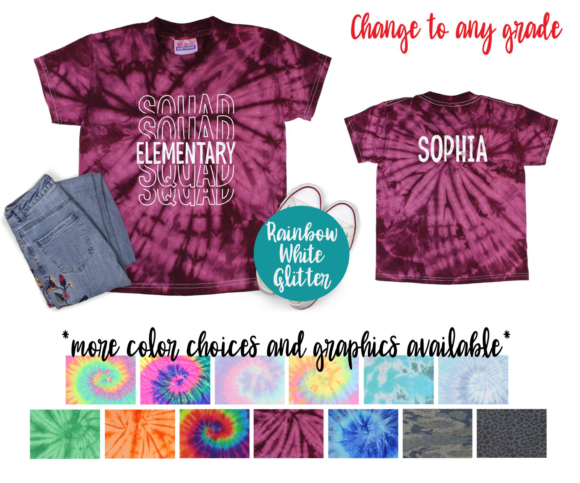 Elementare Squad Personalisierte Pastell Minty Tie Dye Shirt Galaxie Helles Schwarz Glitzer Vinyl Weiß Regenbogen Mädchen Zurück Zu Schul von TwoDreamsShop